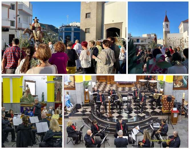 Mosaico de fotos de la procesión y concierto de la Banda Municipal/TA e Ildefonso Rodríguez.